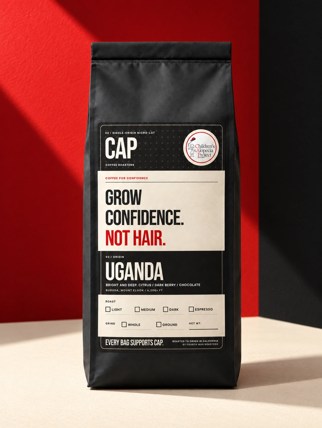 CAP Coffee Roasters Uganda coffee bag with the Grow Confidence, Not Hair label