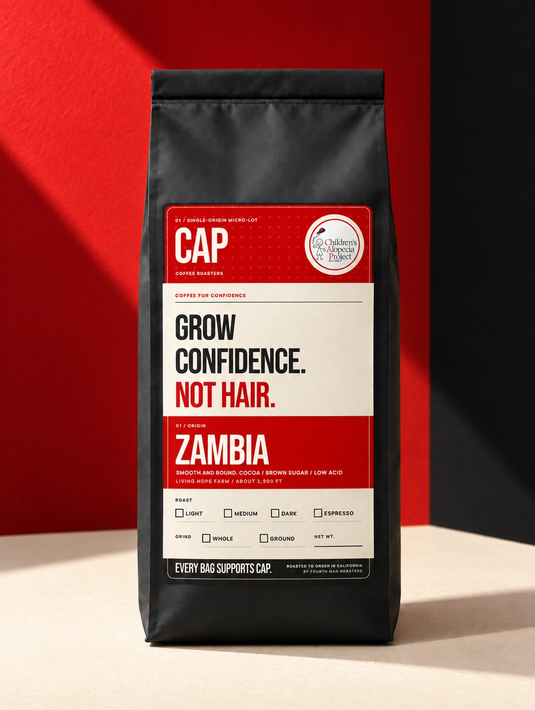 CAP Coffee Roasters Zambia coffee bag with the Grow Confidence, Not Hair label